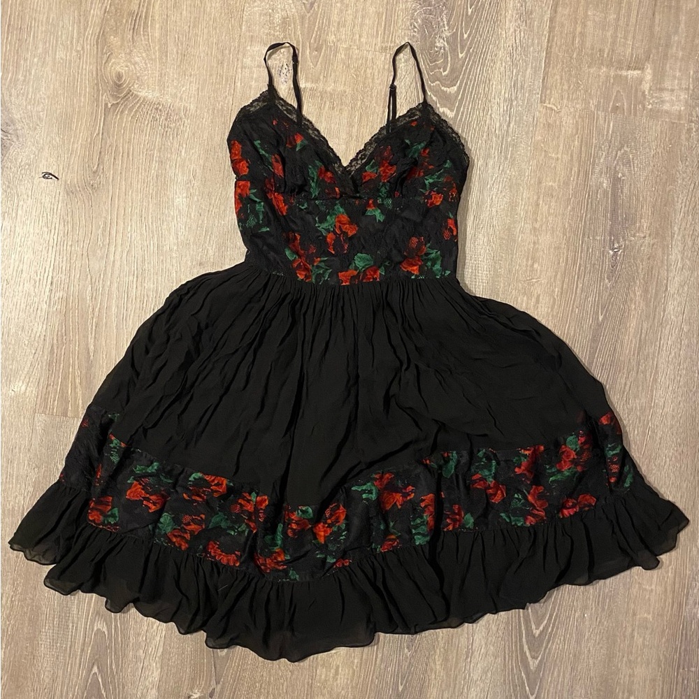 Betsy Johnson Evening Silk Black Mini Dress with Red Rose and Lace Accents